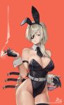  animal_ears bare_shoulders belt blonde_hair breasts chainsaw_man cigarette detached_collar expressionless eyepatch gloves hair_over_one_eye holding holding_cigarette large_breasts medium_hair necktie playboy_bunny quanxi_(chainsaw_man) rabbit_ears short_sword simple_background siriuflong sword sword_behind_back thighs weapon white_belt wide_hips wrist_cuffs 