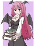  1girl bat_wings black_skirt black_vest book book_stack border breasts collared_shirt cowboy_shot dot_nose eyes_visible_through_hair hair_between_eyes head_wings holding holding_book koakuma long_hair long_sleeves looking_at_viewer medium_breasts mouth_hold necktie paper purple_background red_eyes red_hair red_necktie shinmon_akika shirt sidelocks skirt skirt_set smile solo touhou very_long_hair vest white_background white_border white_shirt wings writing_on_hand 