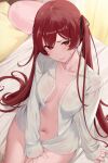  1girl bed bottomless breasts collarbone covering covering_crotch dress_shirt fire_emblem fire_emblem_fates hair_ribbon haru_(nakajou-28) highres long_hair long_sleeves looking_at_viewer looking_up naked_shirt navel no_bra open_clothes open_shirt red_hair ribbon selena_(fire_emblem_fates) shirt small_breasts solo sweatdrop twintails unbuttoned very_long_hair white_shirt 