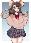  absurd_res blue_eyes bottomwear brown_hair cardigan clothing eyewear glasses hair heart_tail hi_res long_hair long_tail mammal mouse murid murine peace_sign_(disambiguation) pleated_skirt rat red_bowtie rodent round_ears school_girl_uniform school_uniform skirt smile tail uniform 