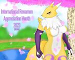  3_fingers anthro bandai_namco big_breasts black_sclera blue_eyes breasts canid canine cherry_blossom cherry_tree claws clothing digimon digimon_(species) facial_markings female fingers fruit_tree fur fur_markings gloves gradient_background grass handwear head_markings hi_res international_renamon_appreciation_month lake leg_markings long_ears mammal markings neck_tuft pawpads plant rcblackdie renamon simple_background sky solo tail tree tuft water white_body white_fur yellow_body yellow_fur yin_yang 