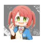  1girl bangs blush chibi commentary_request cosplay g_teall grey_background highres jacket jacket_on_shoulders looking_at_viewer love_live! love_live!_nijigasaki_high_school_idol_club medium_hair nijigasaki_academy_school_uniform orange_hair school_uniform sidelocks smile solo takasaki_yuu takasaki_yuu_(cosplay) track_jacket twintails uehara_ayumu upper_body yellow_eyes 