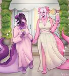  &lt;3 anthro beverage big_tail bubble_tea clothing detailed_background dragon dress duo eyes_closed feet gynomorph_(lore) hair hand_holding hi_res horn intersex intersex/intersex lilikoi_gumi lychee_gumi majo sibling sister sisters smile sparkles tail toes 