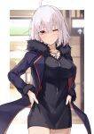  1girl absurdres ahoge bangs black_coat black_dress blush breasts closed_mouth coat collarbone commentary_request dress fate/grand_order fate_(series) fukuidesu0110 full-length_zipper fur-trimmed_coat fur-trimmed_sleeves fur_trim hair_between_eyes hands_on_hips highres jeanne_d&#039;arc_alter_(fate) jeanne_d&#039;arc_alter_(ver._shinjuku_1999)_(fate) jewelry long_sleeves medium_breasts necklace one_eye_closed open_clothes open_coat short_dress short_hair solo white_hair yellow_eyes zipper 
