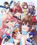  6+girls :d a-chan_(hololive) absurdres azki_(hololive) bare_shoulders blue_eyes blush brown_hair brown_thighhighs chibi from_behind green_eyes highres himemori_luna hololive hololive_gamers hoshimachi_suisei houshou_marine inugami_korone looking_back multiple_girls nekomata_okayu ookami_mio oozora_subaru open_mouth outstretched_hand pink_hair red_bull red_hair sakura_miko shirakami_fubuki shiranui_flare shirogane_noel smile subaru_duck teeth thighhighs tokino_sora tomozu upper_teeth_only usada_pekora virtual_youtuber waving yuzuki_choco 