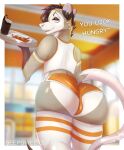  absurd_res anthro beepsweets big_butt bottomwear bulge butt clothed clothing didelphid digital_media_(artwork) english_text femboy_hooters fur girly hair hi_res hooters_uniform jett_(beepsweets) looking_at_viewer low-angle_view male mammal marsupial open_mouth shirt shorts smile solo standing tank_top text topwear wide_hips 