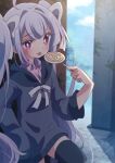  1girl :p against_wall ahoge alley arm_at_side assault_lily bangs black_hoodie black_thighhighs blue_sky blurry blurry_background bow candy closed_mouth cloud collared_shirt commentary_request cowboy_shot day depth_of_field food grey_hair hair_bow hand_up holding holding_candy holding_food holding_lollipop honkawa_works hood hood_down hoodie knee_up light_blush lollipop long_hair long_sleeves looking_at_viewer miriam_hildegard_von_gropius neck_ribbon outdoors pink_eyes pink_shirt ribbon shade shirt sky sleeves_past_fingers sleeves_past_wrists smile solo standing thighhighs tongue tongue_out tree twintails very_long_hair white_bow white_ribbon 