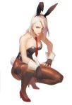  1girl animal_ears ashe_(overwatch) asymmetrical_hair bangs black_leotard breasts brown_pantyhose detached_collar earrings fake_animal_ears fake_tail fingerless_gloves gloves high_heels highres jewelry kokutan_kitsunen leotard lips lipstick makeup mature_female medium_breasts medium_hair mole mole_above_mouth necktie nose overwatch pantyhose playboy_bunny rabbit_ears rabbit_tail red_eyes red_lips red_nails solo strapless strapless_leotard stud_earrings tail white_hair wrist_cuffs 