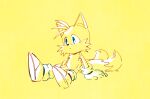  1boy animal_ears animal_nose banri_0917 blue_eyes body_fur closed_mouth fox_boy fox_ears fox_tail full_body furry furry_male gloves male_focus multiple_tails shoes simple_background sitting solo sonic_(series) tail tails_(sonic) two_tails yellow_background 
