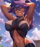  1girl abs alternate_costume armpits bare_hips bell bleach blush breasts cloud covered_nipples dark-skinned_female dark_skin highres lady_shin large_breasts lips long_hair looking_at_viewer naughty_face navel neck_bell purple_hair shihouin_yoruichi smile solo stomach toned 
