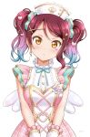  1girl :&lt; bangs blue_hair ckst commentary dress eye_tattoo gradient_hair hair_ornament hat head_tilt heart heart_belt heart_hair_ornament heart_tattoo highres looking_at_viewer love_live! love_live!_school_idol_festival_all_stars love_live!_sunshine!! low_wings medium_hair multicolored_hair nurse_cap official_alternate_costume pink_dress red_hair sakurauchi_riko short_sleeves signature simple_background single_sidelock solo straight-on string_tie tattoo twintails upper_body v_arms white_background white_headwear wings yellow_eyes 