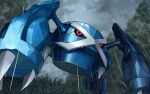  black_eyes claws cloud colored_sclera dark_clouds forest full_body highres looking_ahead metagross nature no_humans on_grass outdoors pokemon pokemon_(creature) rain red_sclera sky solo tesshii_(riza4828) tree water_drop wet 