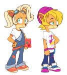  2020 absurd_res activision anthro bandicoot biped blonde_hair clothed clothing coco_bandicoot crash_bandicoot_(series) doodlemark duo eyelashes eyewear eyewear_on_head female footwear full-length_portrait fully_clothed goggles goggles_on_head green_eyes hair hi_res long_hair mammal marsupial orange_body ponytail portrait shoes simple_background standing totally_tubular_coco white_background 