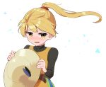  1girl belt black_shirt blonde_hair blush german_shiroishi hat hat_removed headwear_removed holding holding_clothes holding_hat long_hair pokemon pokemon_adventures ponytail shirt upper_body wavy_mouth white_background yellow_(pokemon) yellow_eyes 