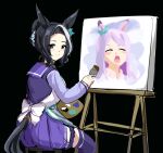  1girl animal_ears black_background black_eyes black_hair bob_ross canvas_(object) closed_mouth easel hair_bun holding holding_brush horse_ears horse_girl horse_tail long_sleeves looking_at_viewer looking_back mejiro_mcqueen_(umamusume) mejiro_ramonu_(umamusume) multicolored_hair paintbrush palette_(object) parody purple_shirt purple_skirt purple_thighhighs sailor_collar school_uniform shirt short_hair simple_background sitting skirt smile solo stool streaked_hair tail tail_through_clothes tenten_(chan4545) the_joy_of_painting thighhighs tracen_school_uniform umamusume 