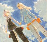  2girls bangs black_skirt blonde_hair blue_sky cloud cloudy_sky eila_ilmatar_juutilainen flying grey_necktie holding_hands long_hair marker_(medium) multiple_girls necktie pleated_skirt profile sanya_v._litvyak shiratama_(hockey) short_hair skirt sky strike_witches traditional_media white_hair world_witches_series yuri 