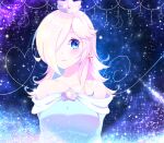  1girl bare_shoulders blonde_hair blue_dress blue_eyes brooch collarbone crescent crown dress earrings hair_over_one_eye heart highres jewelry long_hair mario_(series) nukoko12 off-shoulder_dress off_shoulder rosalina smile solo star_(sky) star_(symbol) star_earrings super_mario_galaxy upper_body 