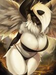  3:4 absol absurd_res anthro armwear biped black_body breasts cleavage clothed clothing detailed_background elbow_gloves eyelashes faejunkie female generation_3_pokemon gloves handwear hi_res looking_at_viewer nintendo pokemon pokemon_(species) skimpy solo white_body wings yellow_eyes 