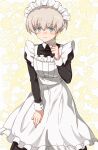  1girl absurdres alternate_costume apron aqua_eyes bangs black_dress blush closed_mouth commission dress enmaided grey_hair hair_between_eyes highres kanmiya_shinobu kantai_collection long_sleeves looking_at_viewer maid maid_headdress short_hair simple_background skeb_commission solo white_apron z1_leberecht_maass_(kancolle) 