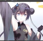  1girl arm_up black_dress black_gloves blue_archive blue_eyes breasts butterfly_hair_ornament china_dress chinese_clothes double_bun dress gloves grey_background hair_bun hair_ornament halo jacket kisaki_(blue_archive) light_blush long_hair looking_at_viewer open_clothes open_jacket parted_lips simple_background sleeveless sleeveless_dress small_breasts solo upper_body zapik 