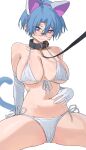  1girl animal_collar aochoku bare_shoulders bikini blue_eyes blue_hair blush breasts cameltoe cleavage closed_mouth collar collarbone commentary elbow_gloves glasses gloves groin hand_on_own_stomach heart heart-shaped_pupils highres large_breasts leash looking_at_viewer navel original short_hair side-tie_bikini_bottom sidelocks simple_background sitting solo spread_legs string_bikini swimsuit symbol-only_commentary symbol-shaped_pupils tail wavy_mouth white_background white_bikini white_gloves wide_spread_legs 