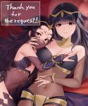  2girls bangs bare_shoulders black_hair blunt_bangs bodystocking breasts circlet cleavage covered_navel facial_mark fire_emblem fire_emblem_awakening fire_emblem_fates hair_ornament hand_on_another&#039;s_chest haru_(nakajou-28) large_breasts long_hair looking_at_viewer multiple_girls nyx_(fire_emblem) purple_nails red_eyes see-through small_breasts tharja_(fire_emblem) veil 