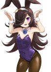  1girl alternate_costume alternate_ears animal_ears bare_shoulders blue_flower blue_rose bow_hairband breasts brown_hair brown_pantyhose covered_navel cowboy_shot detached_collar flower groin hair_over_one_eye hairband hands_up leotard long_hair open_mouth pantyhose purple_eyes purple_leotard rabbit_ears rabbit_pose rice_shower_(umamusume) rose small_breasts smile solo tenten_(chan4545) umamusume wrist_cuffs 