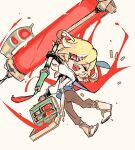  1boy bangs black_pants blonde_hair briefcase crossover earrings fangs full_body genshin_impact godwkgodwk hair_between_eyes highres holding inkling inkling_boy jewelry kaveh_(genshin_impact) male_focus one_eye_closed open_mouth paint_roller pants red_eyes simple_background sketch solo splatoon_(series) tassel tentacle_hair 