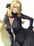  1girl black_coat black_pants black_shirt blurry blurry_background breasts cleavage coat commentary contrapposto cynthia_(pokemon) facing_viewer fur-trimmed_sleeves fur_collar fur_trim grey_eyes hair_ornament hair_over_one_eye hand_on_hip highres large_breasts leaning_forward long_hair looking_to_the_side oyasu_(kinakoyamamori) pants parted_lips pokemon pokemon_(game) pokemon_dppt shirt simple_background solo teeth very_long_hair white_background wide_hips 