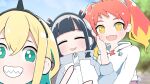  +_+ 3girls amano_pikamee bangs black_hair black_hairband blonde_hair blunt_bangs blurry blurry_background bright_pupils clenched_teeth close-up colored_inner_hair commentary_request drawstring fangs green_eyes green_hair hair_between_eyes hairband hand_on_another&#039;s_face high_collar highres hikasa_tomoshika hikasa_tomoshika_(artist) hood hood_down hoodie hug hug_from_behind jacket jitomi_monoe long_sleeves looking_at_viewer magnet multicolored_hair multiple_girls open_mouth outdoors red_nails sharp_teeth short_hair smile sweatdrop teeth twintails two-tone_hair virtual_youtuber voms waving white_hoodie white_jacket white_pupils yellow_eyes zipper_pull_tab 