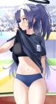  1girl absurdres black_sports_bra blue_archive blue_buruma blurry blurry_background breasts buruma clothes_lift gomashi_(goma) halo highres lanyard lifted_by_self long_hair looking_afar medium_breasts navel profile purple_eyes purple_hair shirt_lift solo sports_bra stadium star_sticker sticker_on_face sweatdrop very_long_hair yuuka_(blue_archive) yuuka_(gym_uniform)_(blue_archive) 