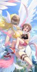  2girls :d angel angel_wings angewomon asymmetrical_clothes bangs bare_shoulders belt blonde_hair blue_sky blush boots botamon breasts brown_eyes brown_hair cleavage cloud commentary covered_collarbone covered_eyes creature day digimoji digimon digimon_(creature) digimon_adventure elbow_gloves feathered_wings feathers female_child floating_hair flying full_body glint gloves hagoromo hair_between_eyes helmet highres holding holding_creature iyakage knee_boots large_breasts long_hair looking_at_another loose_socks multiple_girls multiple_wings open_mouth outdoors pink_shorts red_footwear scarf shawl shirt shoes short_hair shorts sidelocks single_elbow_glove skindentation sky sleeveless sleeveless_shirt smile sneakers socks teeth thigh_gap thigh_strap whistle whistle_around_neck white_footwear white_scarf white_socks winged_helmet wings wrist_wings yagami_hikari yellow_shirt zipper 