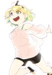  1girl :d alec8ter amano_pikamee backlighting black_footwear black_hairband black_shorts blonde_hair bright_pupils collarbone colored_inner_hair commentary dated english_commentary green_eyes green_hair green_nails hairband highres multicolored_hair naruto_run running sharp_teeth shirt short_hair shorts signature simple_background smile solo teeth two-tone_hair upper_teeth_only virtual_youtuber voms white_background white_pupils white_shirt wide_sleeves 