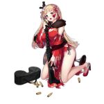  1girl bar_stool bell blonde_hair blue_eyes blush breasts bullet china_dress chinese_clothes cleavage_cutout clothing_cutout detached_sleeves dress drum_magazine dual_drum_magazine flower fur-trimmed_dress fur_trim girls&#039;_frontline gun hair_bell hair_flower hair_ornament heart_cutout high_heels hime_cut holding holding_gun holding_weapon kneeling large_breasts long_hair looking_at_viewer machine_gun magazine_(weapon) mg34 mg34_(divine_peach_blossom)_(girls&#039;_frontline) mg34_(girls&#039;_frontline) no_legwear no_panties no_socks official_alternate_costume official_art open_mouth red_footwear shell_casing side-tie_dress simple_background solo spirtie stool torn_clothes torn_dress transparent_background very_long_hair weapon wide_sleeves 