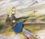  1girl aleksandra_i._pokryshkin blonde_hair blue_eyes blue_hairband blue_skirt brave_witches brown_jacket cloud cloudy_sky gun hairband holding holding_gun holding_weapon jacket long_hair long_sleeves outdoors serious shiratama_(hockey) skirt sky smoke solo weapon world_witches_series 