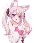  1girl absurdres animal_ears bow character_request fang fox_ears heart highres long_sleeves open_mouth pink_bow pink_eyes sakura_chiyo_(konachi000) smile sweater twintails vrchat white_background white_hair white_sweater 