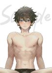  1boy black_hair blue_eyes character_request closed_mouth copyright_request highres huahua123569 male_focus male_underwear nipples sample_watermark short_hair spread_legs topless_male underwear white_background 
