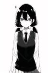  1girl black_hair collared_shirt greyscale hair_between_eyes hair_strand hair_tie light_blush looking_at_viewer low_twintails monochrome necktie pleated_skirt school_uniform shirt simple_background skirt solo sweater_vest tamura_yuri twintails upper_body watashi_ga_motenai_no_wa_dou_kangaetemo_omaera_ga_warui! white_background zap2000jp 