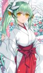  1girl bangs blush breasts dragon_girl dragon_horns fate/grand_order fate_(series) flower grey_hair highres horns japanese_clothes kimono kiyohime_(fate) large_breasts long_hair long_sleeves looking_at_viewer morizono_shiki outdoors parted_lips ponytail sash sleeves_past_wrists smile solo white_kimono wide_sleeves yellow_eyes 