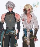  &gt;_&lt; ... 1girl 2boys abs alhaitham_(genshin_impact) black_gloves black_pants blonde_hair blood blood_on_clothes blood_on_face cape cape_removed chest_jewel chibi commentary fingerless_gloves genshin_impact gloves godwkgodwk hair_between_eyes hair_over_one_eye highres holding holding_cape holding_clothes injury kaveh_(genshin_impact) male_focus multiple_boys multiple_views nahida_(genshin_impact) pants pectoral_cleavage pectorals red_eyes shirt simple_background spoken_ellipsis symbol-only_commentary tears toned toned_male 