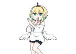  1girl amano_pikamee bangs black_hairband black_shorts blonde_hair bright_pupils colored_inner_hair commentary_request covering_mouth crossed_arms dadadada_tenshi feathered_wings green_eyes green_hair green_nails hair_between_eyes hairband hand_over_own_mouth hands_up highres littleredborb looking_at_viewer low_wings multicolored_hair off-shoulder_shirt off_shoulder shirt short_hair shorts simple_background smile straight-on two-tone_hair v-shaped_eyebrows virtual_youtuber voms white_background white_pupils white_shirt wide_sleeves wings 