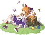  1girl bangs barefoot belt blunt_bangs blush bow bug butterfly chain commentary_request cube flat_chest footwear_bow full_body gourd grass hair_bow highres holding horn_ornament horn_ribbon horns ibuki_suika lemonpee123 looking_at_viewer open_mouth orange_hair orb purple_butterfly purple_ribbon purple_skirt pyramid_(structure) red_bow ribbon ribbon-trimmed_skirt ribbon_trim saliva shirt shoes single_shoe sitting skirt sleeveless sleeveless_shirt smile socks solo squirrel touhou tree_stump white_background white_shirt wrist_cuffs yellow_butterfly yellow_eyes 
