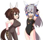  2girls animal_ears arms_up blue_eyes blush bodystocking breasts brown_hair covered_navel cowboy_shot ear_covers eye_contact fang flat_chest green_eyes grey_hair horse_ears horse_girl horse_tail inari_one_(fields_of_gold)_(umamusume) inari_one_(umamusume) jewelry jitome large_breasts leotard long_hair looking_at_another multiple_girls necklace open_mouth ponytail skin_fang standing tail tamamo_cross_(fierce_thunder_god)_(umamusume) tamamo_cross_(umamusume) tenten_(chan4545) twintails tying_hair umamusume v-shaped_eyebrows white_background 