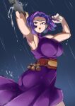  1girl :o absurdres armpits arms_up bangs bare_legs belt boku_no_hero_academia breasts dress highres lady_nagant large_breasts looking_at_viewer multicolored_hair night omanju25 parted_bangs pink_hair prosthetic_weapon purple_dress purple_eyes purple_hair rain short_hair sleeveless sleeveless_dress solo taut_clothes taut_dress teeth turtleneck_dress twisted_torso two-tone_hair upper_teeth_only utility_belt wet 
