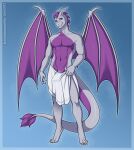  abs anthro athletic bare_shoulders barely_visible_genitalia blue_eyes claws clothed clothing collarbone dragon erection erection_under_clothing genitals grey_body hi_res kitsunewaffles-chan male mostly_nude muscular muscular_male nipples penis purple_body purple_penis purple_scales scales scalie skimpy smile smirk smirking_at_viewer solo tail towel towel_around_waist towel_only vindur_(lcut) western_dragon wings 