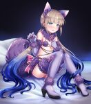  1boy animal_ears aqua_eyes blonde_hair blue_hair blush captain_nemo_(fate) cosplay crossdressing elbow_gloves fate/grand_order fate_(series) fur-trimmed_gloves fur-trimmed_legwear fur_bikini fur_collar fur_trim gloves gradient_hair halloween_costume highres lace-trimmed_legwear lace_trim long_hair low_twintails male_focus mash_kyrielight mash_kyrielight_(dangerous_beast) mash_kyrielight_(dangerous_beast)_(cosplay) multicolored_hair nemo_(fate) o-ring o-ring_top otoko_no_ko purple_gloves purple_tail purple_thighhighs revealing_clothes shell_ocean sitting solo tail thighhighs twintails very_long_hair wolf_ears wolf_tail 