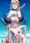  2girls accidental_undressing ahoge ball beach beachball blonde_hair braid braided_bangs breasts cleavage closed_eyes covering covering_breasts demon_girl demon_horns donggua_bing_cha grey_hair highres hololive horns katana kazama_iroha la+_darknesss large_breasts long_hair looking_at_viewer multicolored_hair multiple_girls navel pointy_ears purple_hair slit_pupils small_breasts streaked_hair striped_horns swimsuit sword tail very_long_hair virtual_youtuber water_gun weapon yellow_eyes 