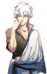  1boy asymmetrical_clothes closed_mouth collarbone gintama high_collar japanese_clothes kimono kokutan_kitsunen long_sleeves nose_picking open_clothes open_kimono sakata_gintoki samurai shirt short_hair short_sleeves solo white_background white_hair 