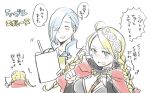  1boy 1girl ahoge alternate_hair_color bangs blue_eyes braid breasts capelet fire_emblem fire_emblem_fates hairband hood hood_down hooded_capelet low_twin_braids medium_breasts nina_(fire_emblem) open_mouth parted_bangs red_capelet shigure_(fire_emblem) shougayaki_(kabayaki_3) translation_request twin_braids 