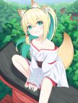  1girl alternate_costume alternate_hair_length alternate_hairstyle amano_pikamee animal_ear_fluff animal_ears bare_shoulders barefoot bell blurry blurry_background clenched_teeth commentary english_commentary forest fox_ears fox_mask fox_tail green_eyes green_nails hair_bell hair_between_eyes hair_ornament high_ponytail highres japanese_clothes jingle_bell kimono long_sleeves looking_at_viewer mask nature off_shoulder outdoors sash sitting sleeves_past_wrists smile solo tail teeth toes torii ugaaaa5 virtual_youtuber voms white_kimono 